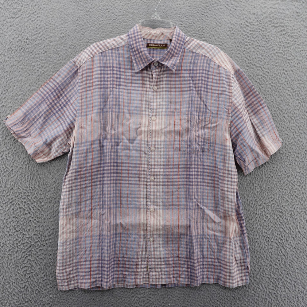 Cubavera Plaid Linen Button Down Shirt XL Blue Pink Mens Short Sleeve Beach